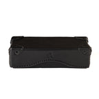 Grandfather Eyeglass Case in Black leather, closed front view with riveted corner caps and embossed tortoise
