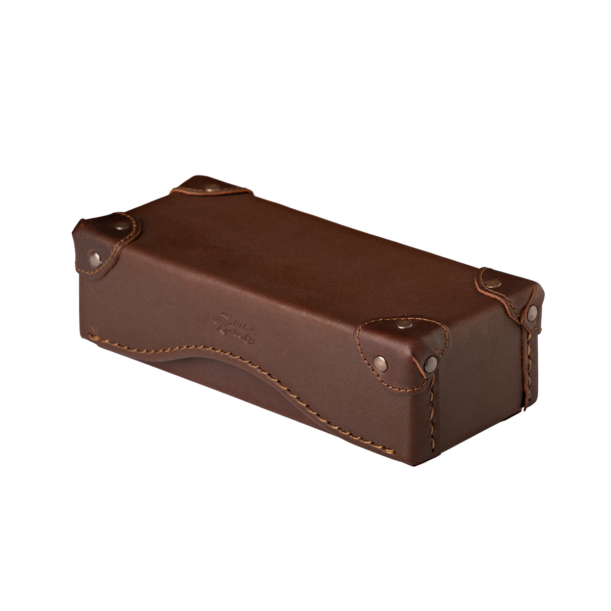Grandfather Eyeglass Case in Chestnut leather, closed angled view with riveted corner caps and embossed logo