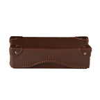 Grandfather Eyeglass Case in Chestnut leather, closed front view with riveted corner caps and embossed tortoise
