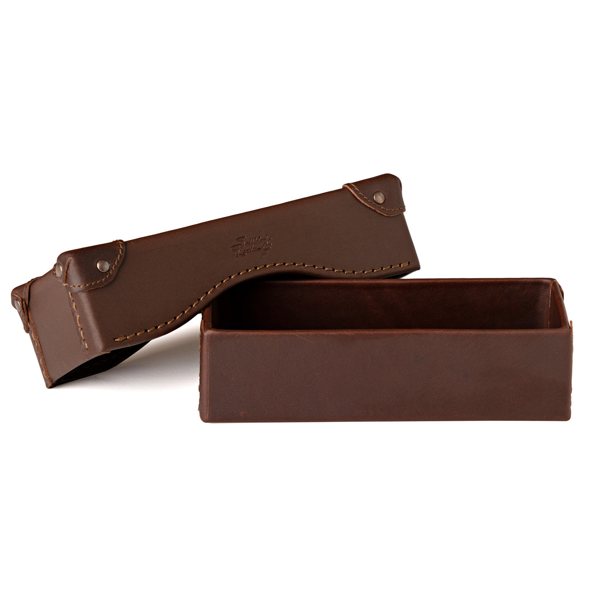 Grandfather Eyeglass Case in Chestnut leather, open with lid lifted off the box-shaped base
