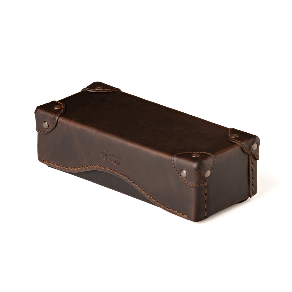Grandfather Eyeglass Case in Dark Coffee Brown, closed angled view with riveted corner caps and embossed logo