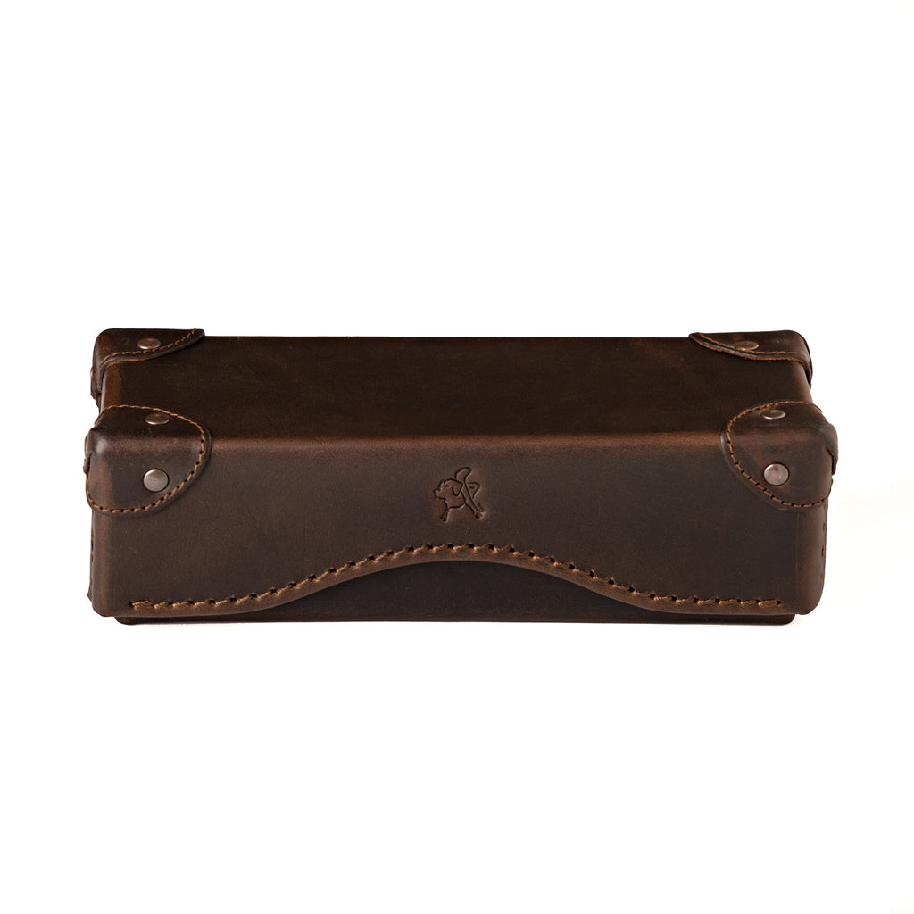 Grandfather Eyeglass Case in Dark Coffee Brown, closed front view with riveted corner caps and embossed tortoise
