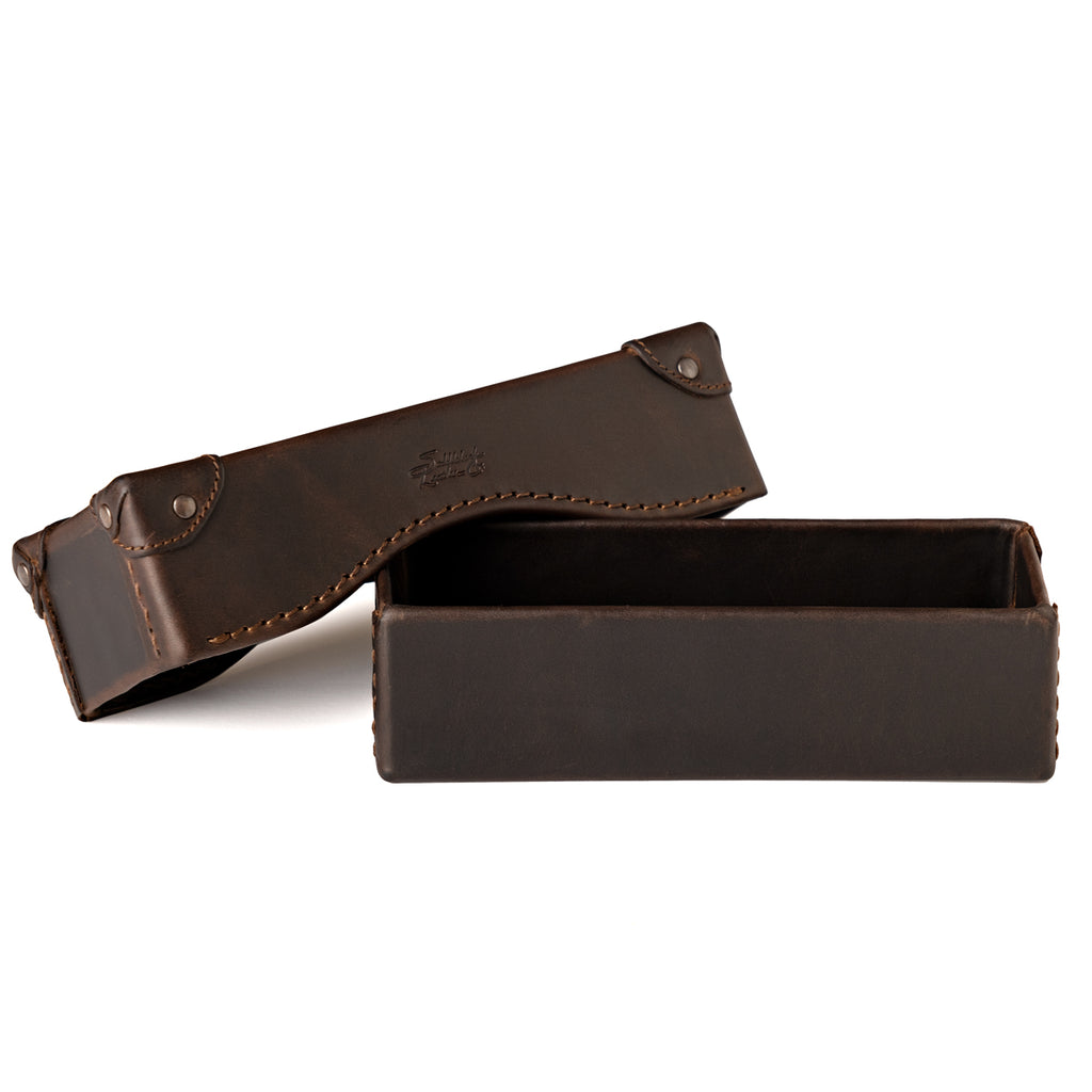 Grandfather Eyeglass Case in Dark Coffee Brown leather, open with lid lifted off the box-shaped base