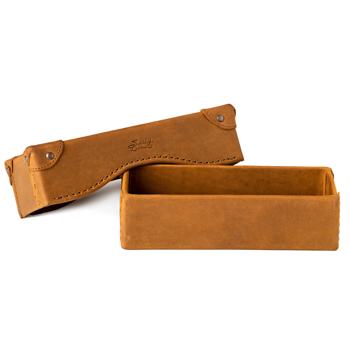 Grandfather Eyeglass Case in Tobacco leather, open with lid lifted off the box-shaped base