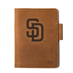 Leather Journal Cover - San Diego Padres in Tobacco, front cover with embossed Padres SD logo and pen loop