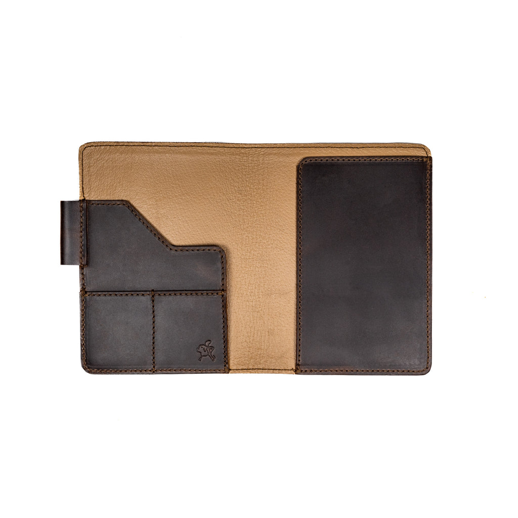 Leather Journal Cover - Pittsburgh Pirates in Dark Coffee Brown, open and empty showing interior pockets and pen loop