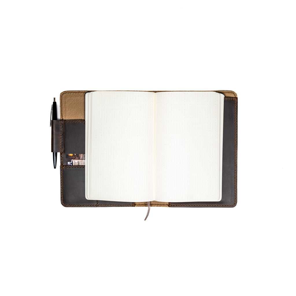 Leather Journal Cover - Miami Marlins in Dark Coffee Brown, open with a dotted notebook and pen inside