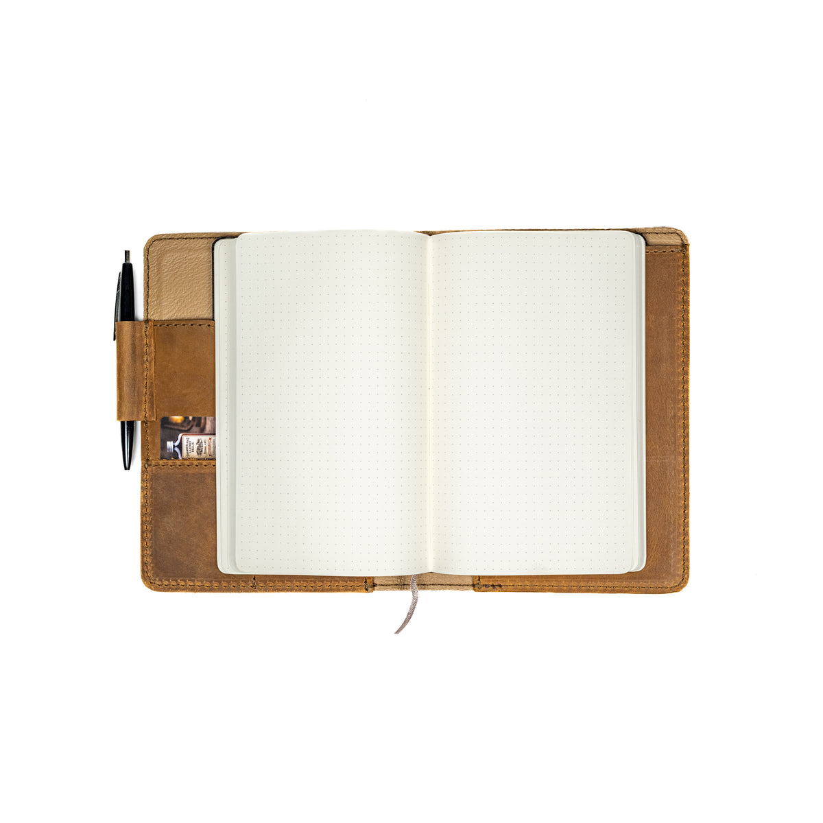 Leather Journal Cover - San Francisco Giants in Tobacco, open with a dotted notebook and pen inside