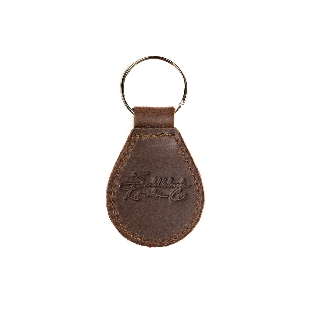 Chicago Cubs Leather Keychain in Dark Coffee Brown, back view with embossed Saddleback Leather Co. logo