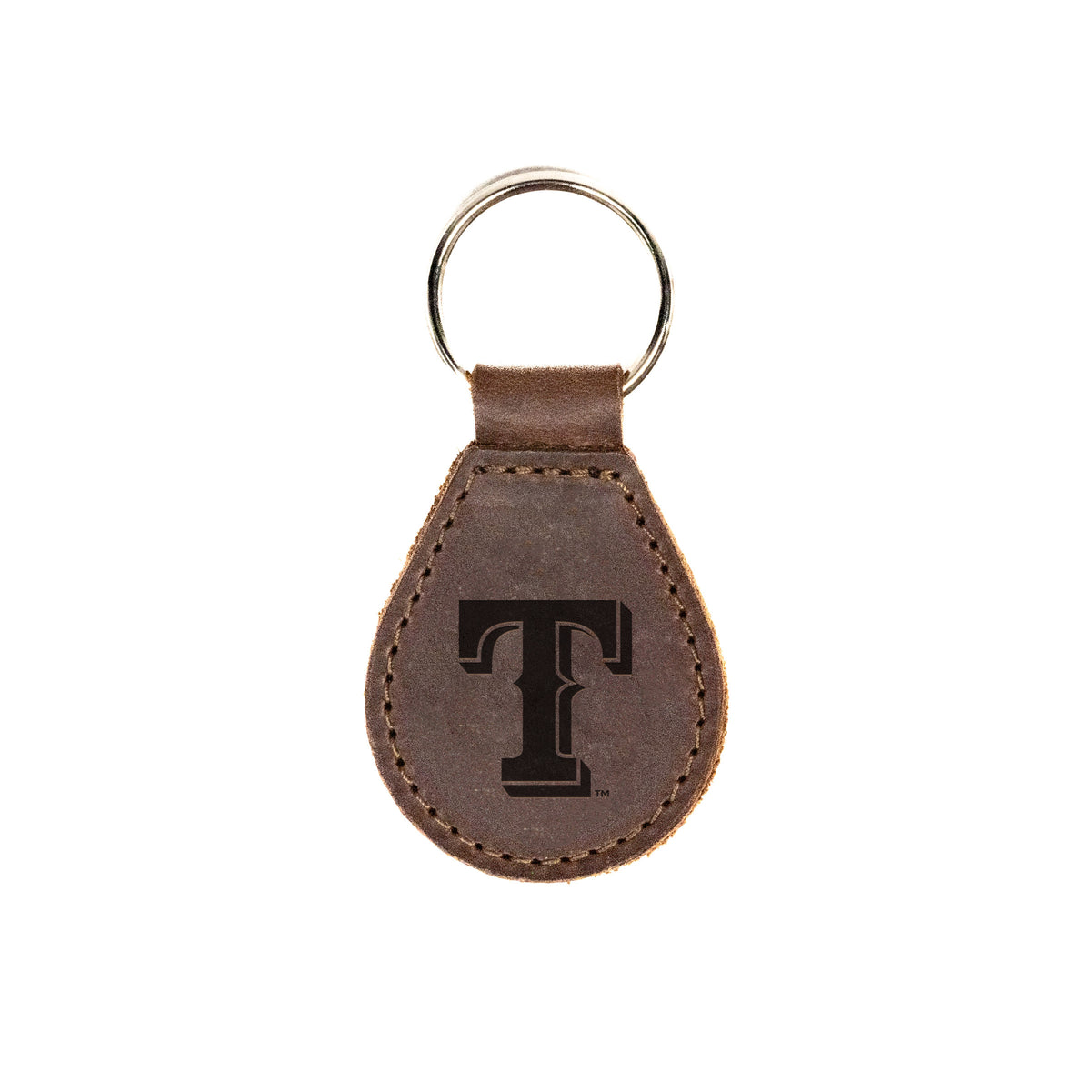 Texas Rangers Leather Keychain in Dark Coffee Brown with T logo and silver key ring, front view