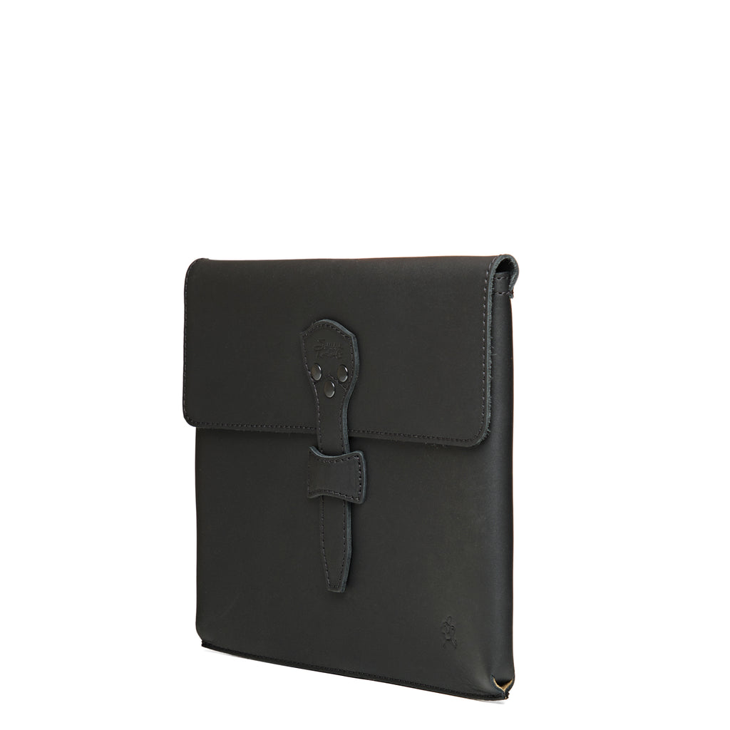 14" Document Holder in Black, angled front view with flap and riveted tab closure