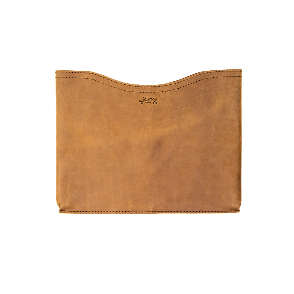 14" Horizontal Laptop Sleeve in Tobacco, front view with curved top opening and logo