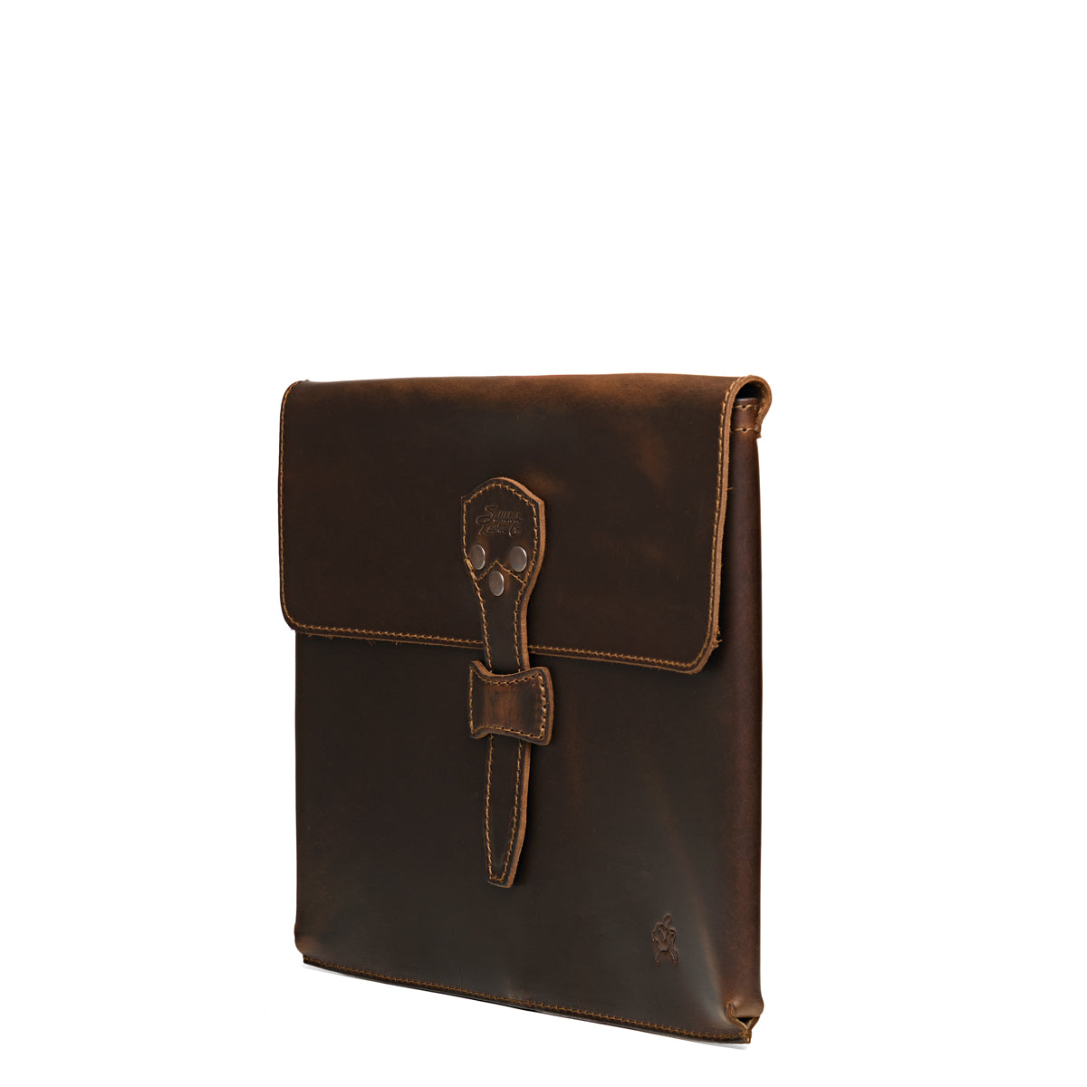 14" Document Holder in Dark Coffee Brown, angled front view with flap and riveted tab closure