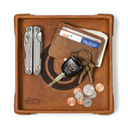 Chicago Cubs Leather Valet Tray in Tobacco, top-down view holding a multi-tool, card wallet, keys and coins