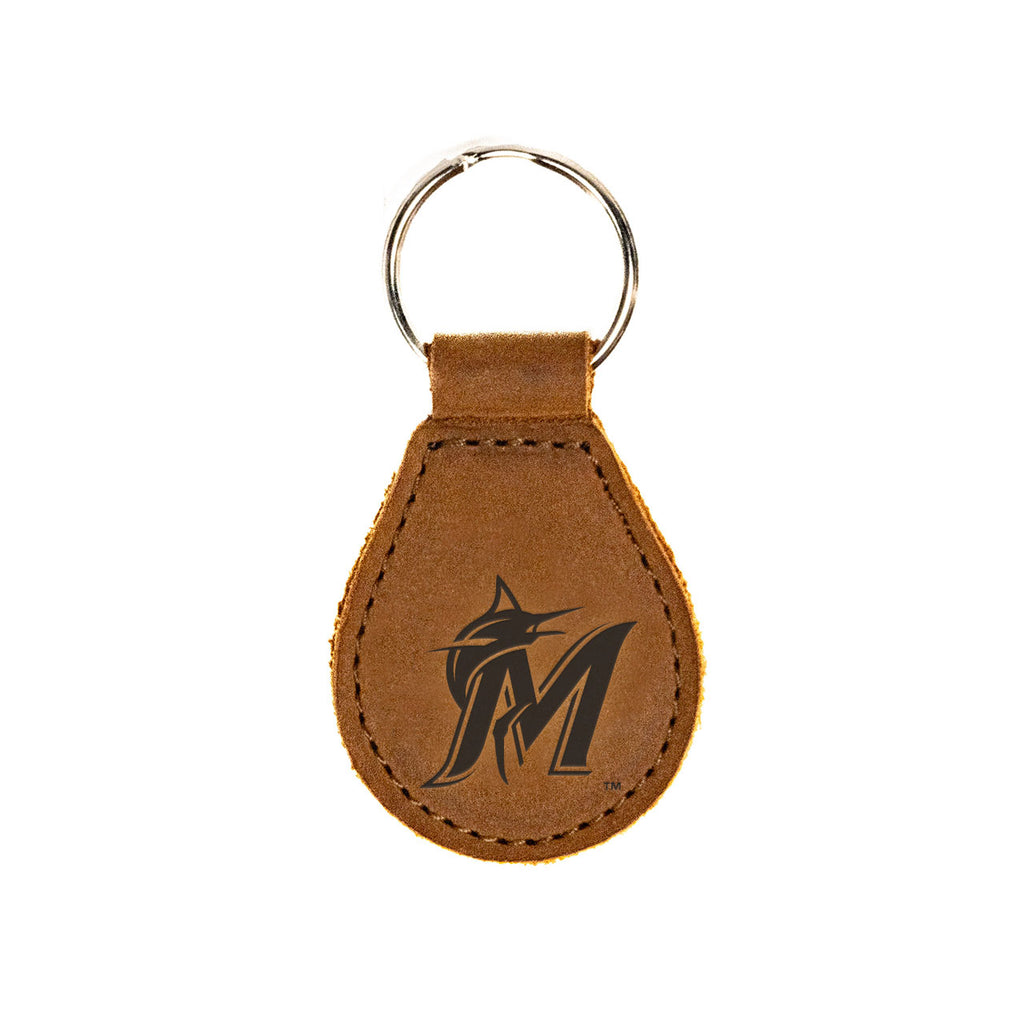 Miami Marlins Leather Keychain in Tobacco with M and marlin logo and silver key ring, front view