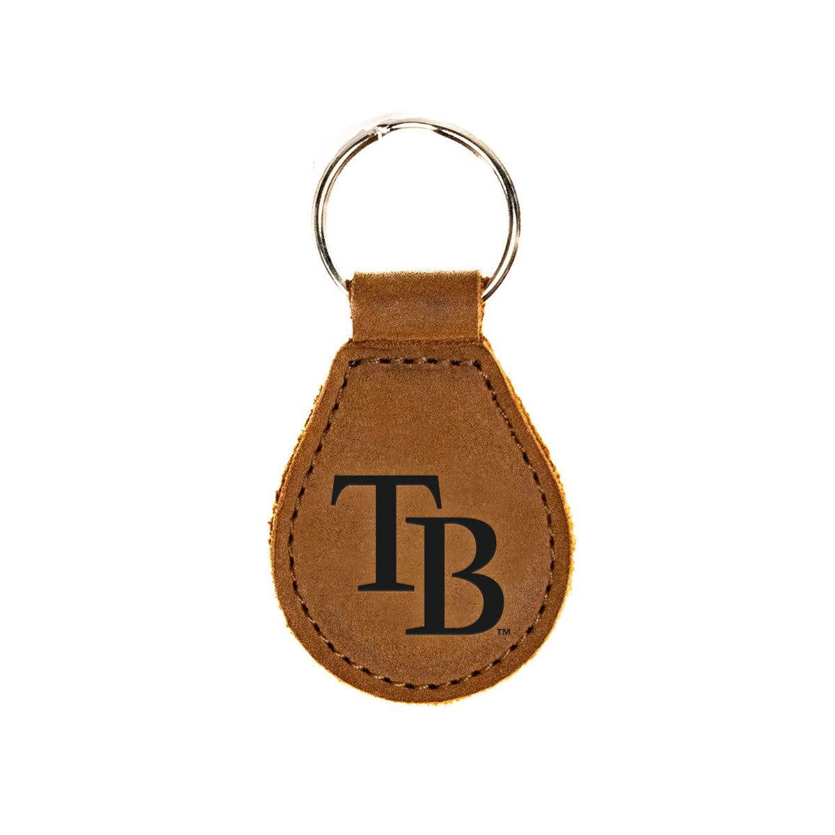 Tampa Bay Rays Leather Keychain in Tobacco with TB logo and silver key ring, front view