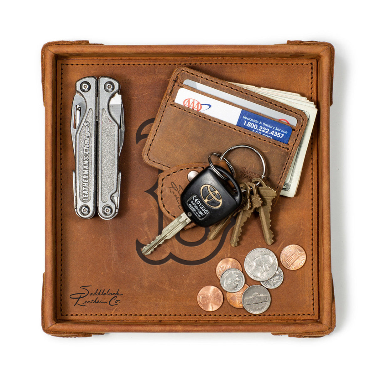 Boston Red Sox Leather Valet Tray in Tobacco, top-down view holding a multi-tool, card wallet, keys and coins