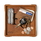 Kansas City Royals Leather Valet Tray in Tobacco, top-down view holding a multi-tool, card wallet, keys and coins