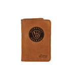 Leather Business Card Holder in Tobacco with embossed Milwaukee Brewers ball-in-glove logo, card peeking out