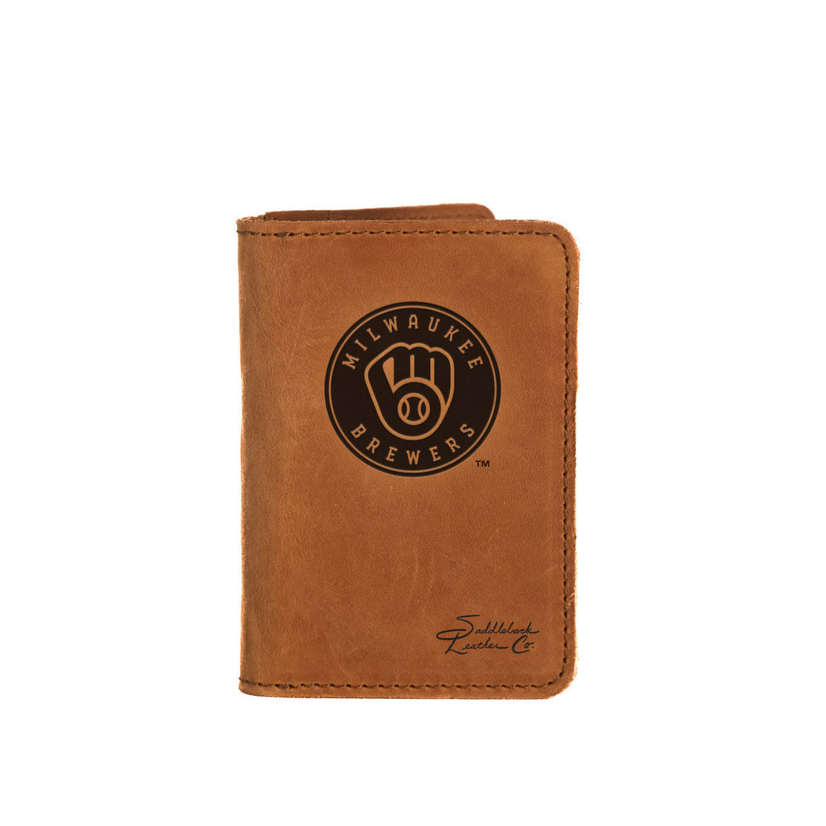 Leather Business Card Holder in Tobacco with embossed Milwaukee Brewers ball-in-glove logo, card peeking out