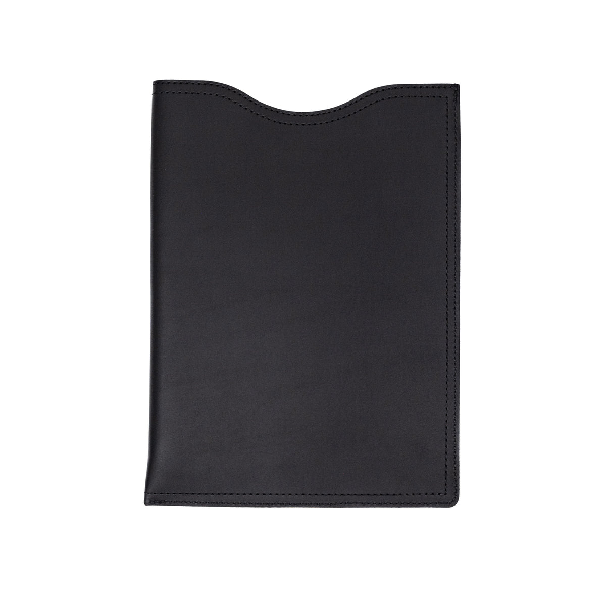 16" Vertical Laptop Sleeve in Black, back view with curved top opening and stitched edges