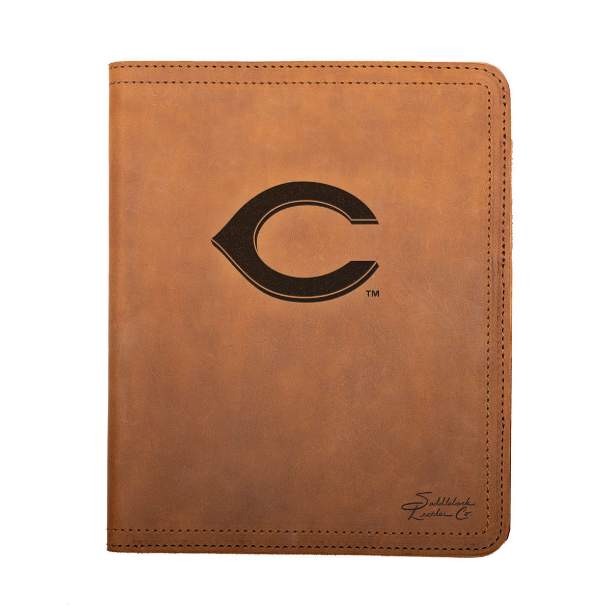 Leather Portfolio - Cincinnati Reds in Tobacco, closed, front view with wishbone C logo