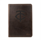 Leather Portfolio - Minnesota Twins in Dark Coffee Brown, closed, front view with TC logo and stitched edges