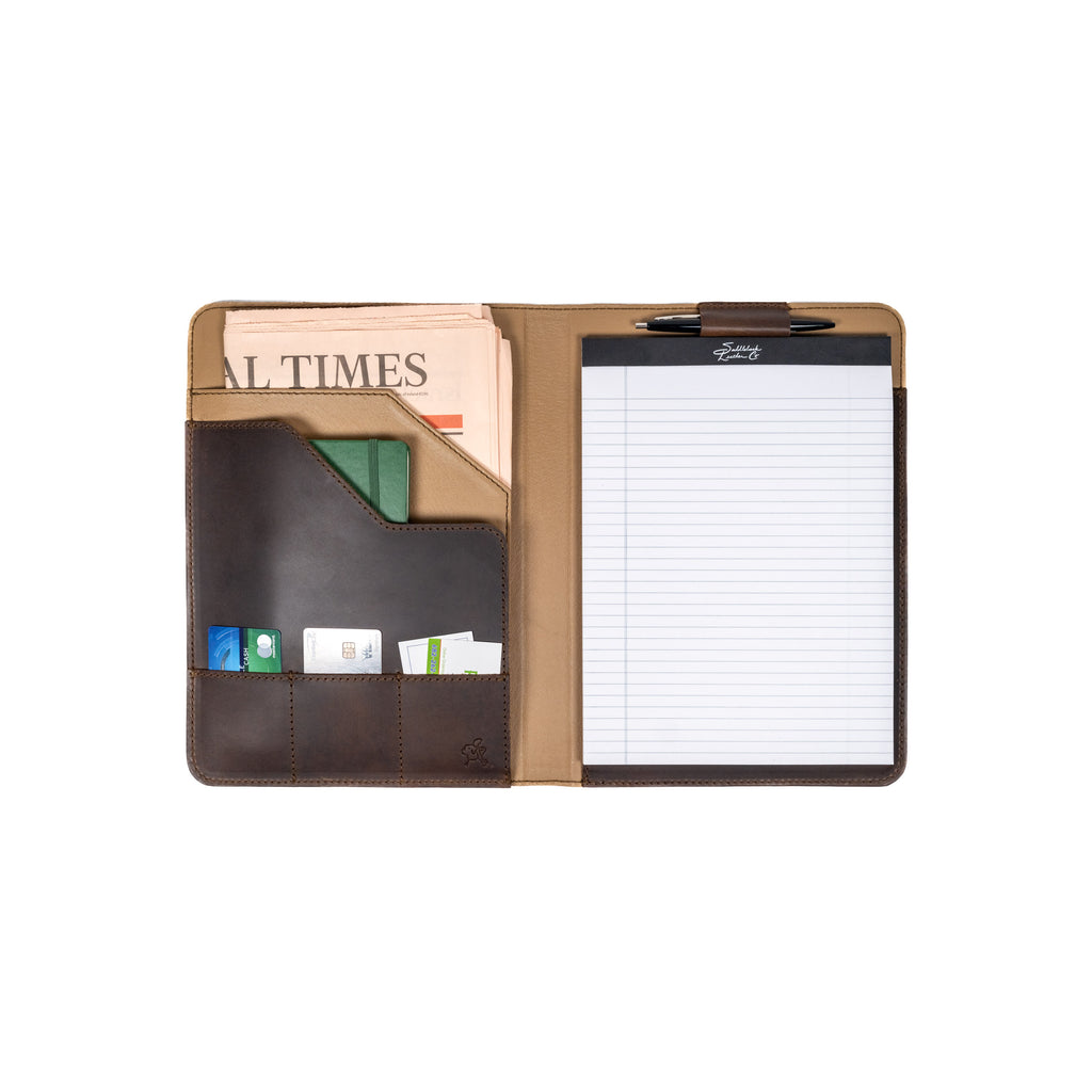 Leather Portfolio - Atlanta Braves in Dark Coffee Brown, open with a legal pad, pen, newspaper and cards inside