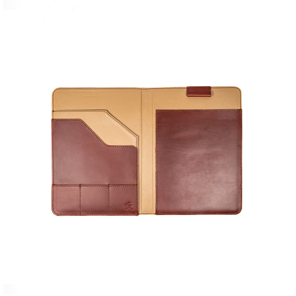 Old Design Medium Leather Portfolio in Chestnut, open and empty showing interior pockets and card slots