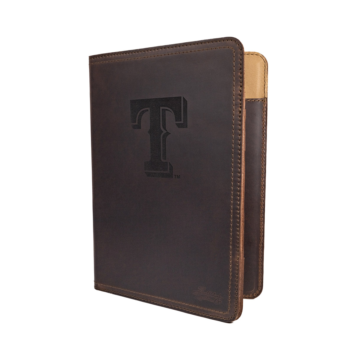 Leather Portfolio - Texas Rangers in Dark Coffee Brown, angled view of the T logo cover with tan interior edge