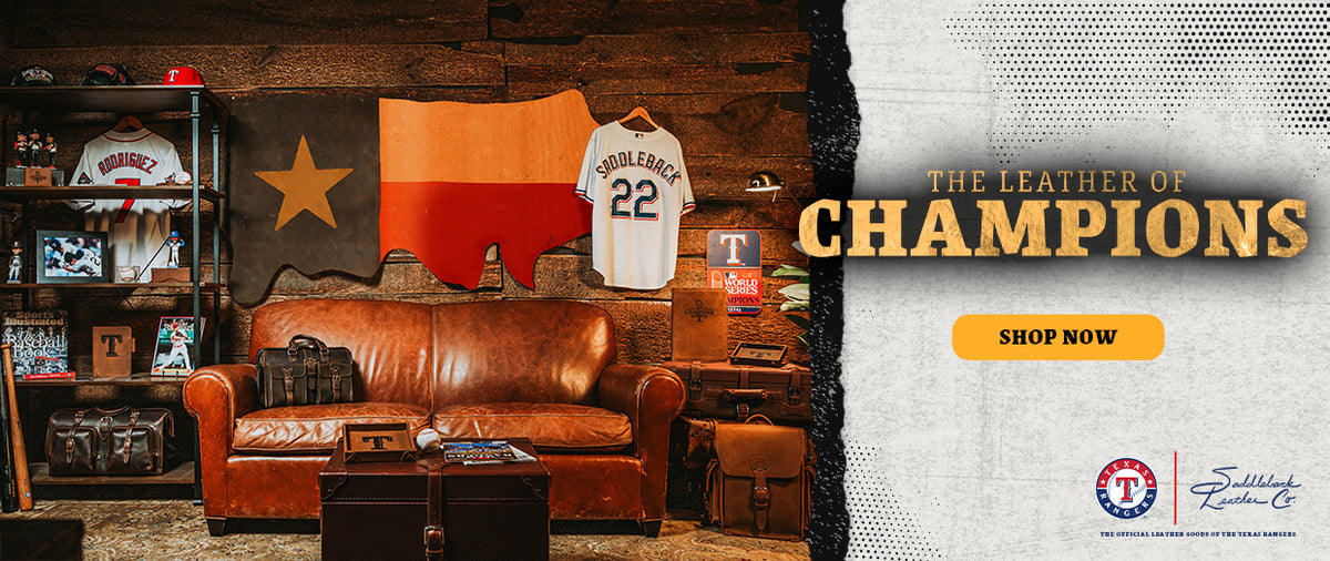 The Leather of Champions, shop now: a Rangers den with a leather sofa, leather bags and a Texas flag on the wall.