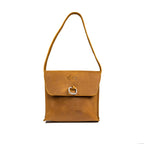 Auto Organizer Set leather organizer bag in Tobacco, front view with flap closed and hanging strap raised
