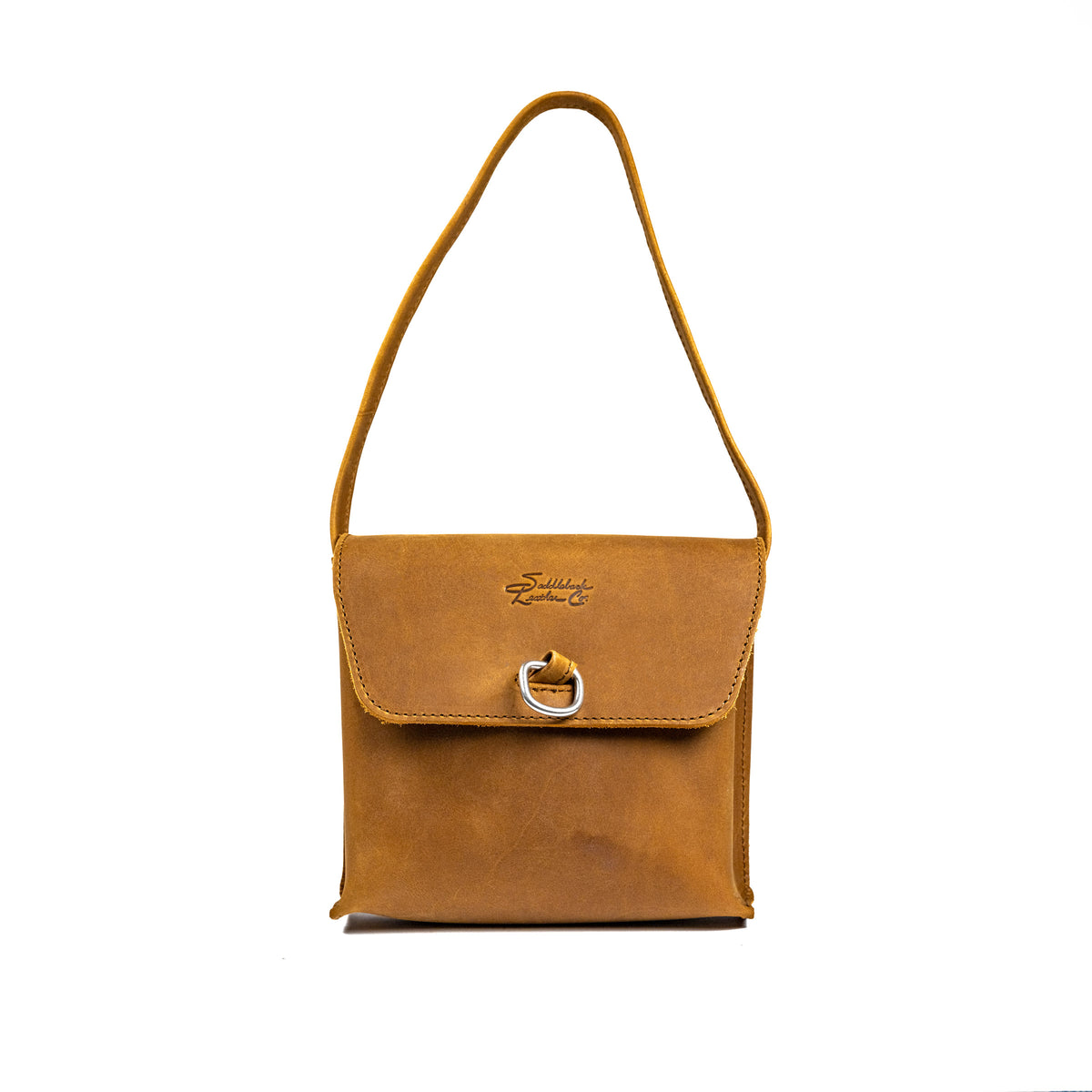 Auto Organizer Set leather organizer bag in Tobacco, front view with flap closed and hanging strap raised
