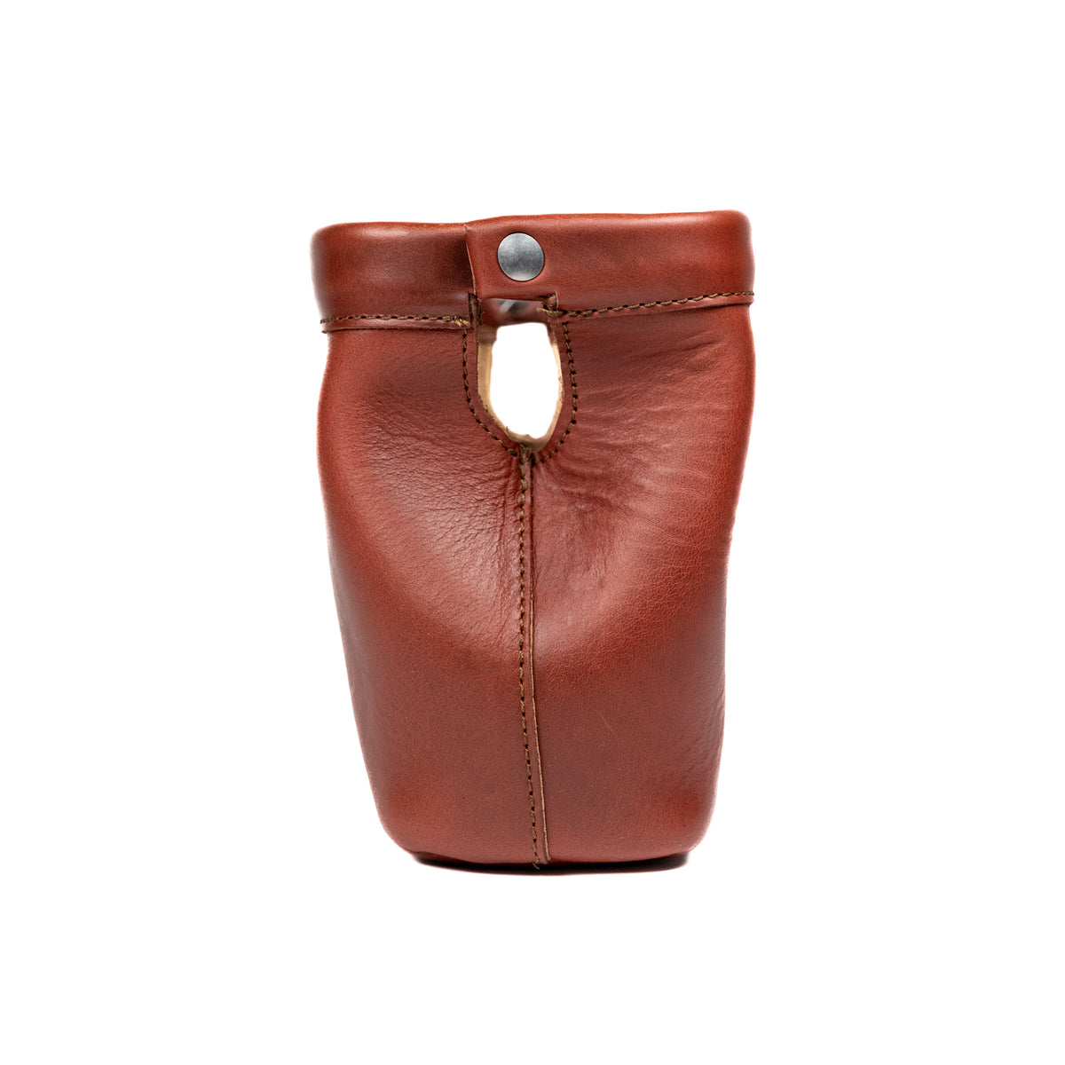 Big Mouth Organizer in Chestnut, end view showing the hinge rivet and side seam