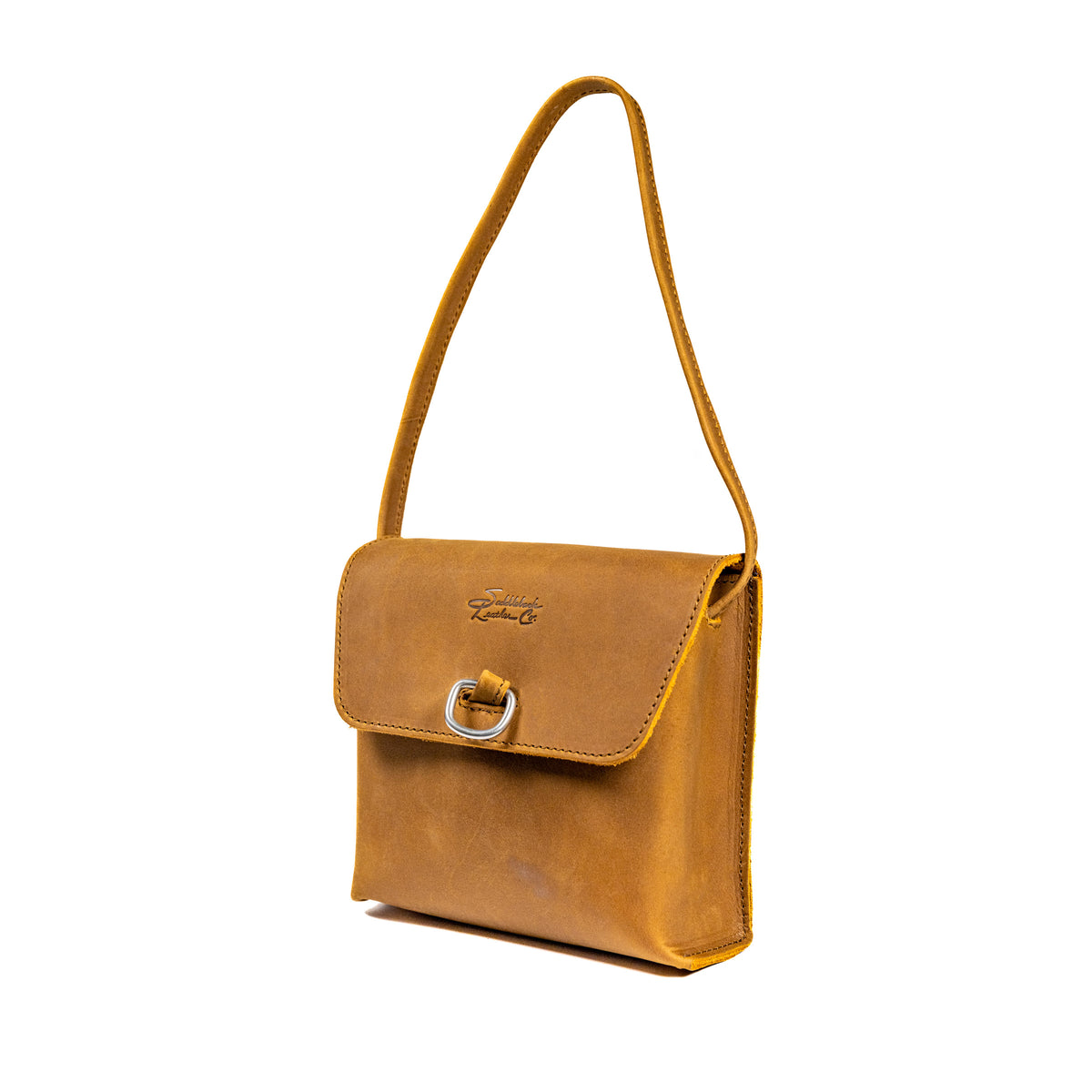 Leather Organizer Bag in Tobacco, angled view hanging from its strap with flap and metal ring closure