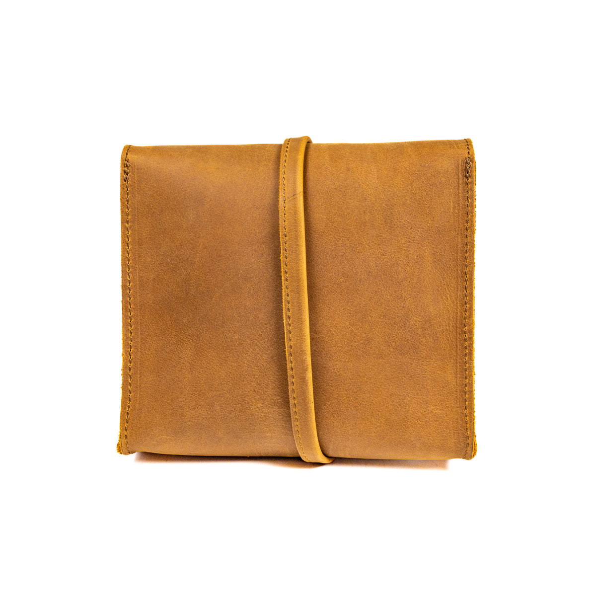 Leather Organizer Bag in Tobacco, back view showing the vertical leather strap