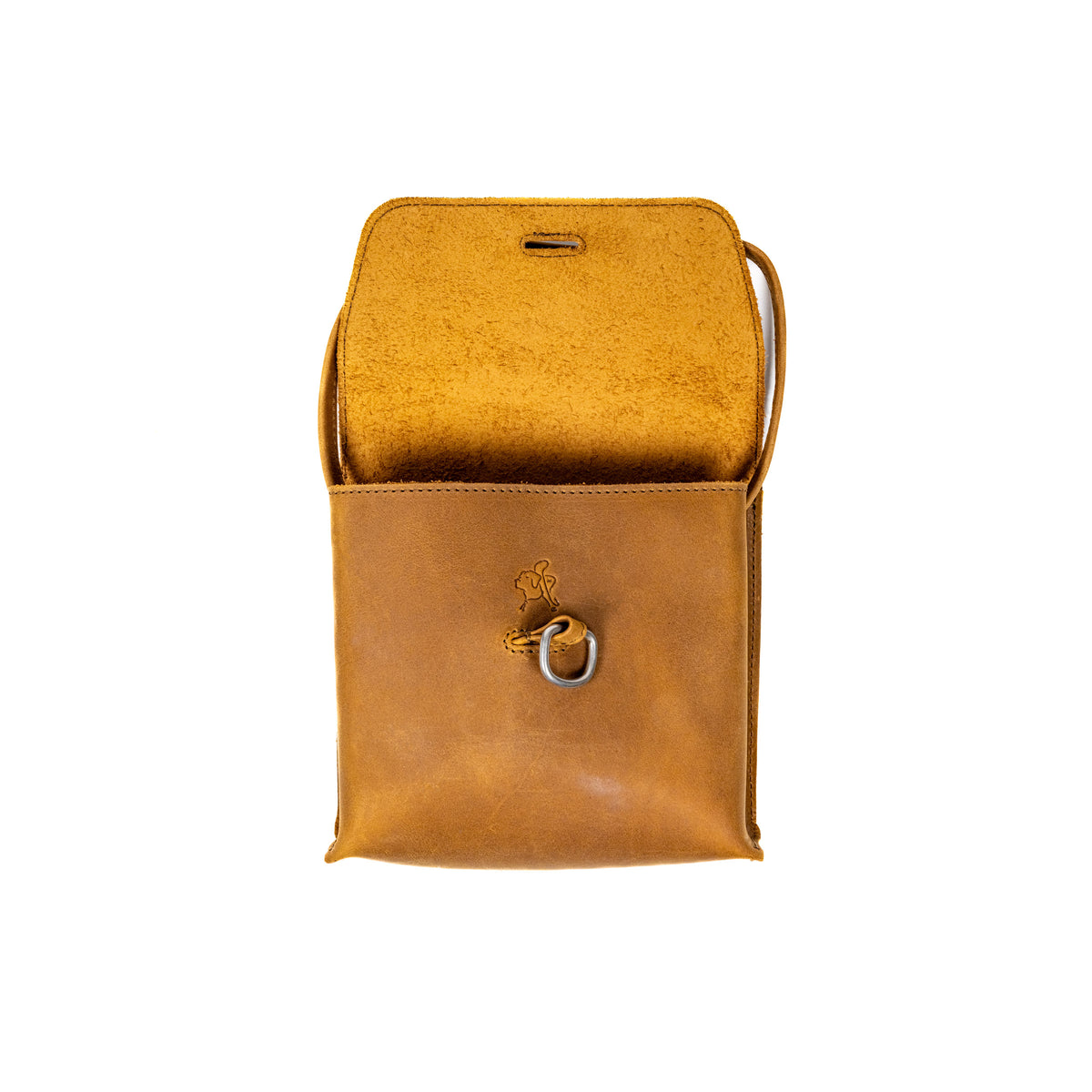 Auto Organizer Set leather organizer bag in Tobacco, front view with flap open and metal ring on the front