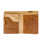 Large Leather Portfolio in Tobacco opened flat to show interior pockets, pen loop, card slots and notepad sleeve