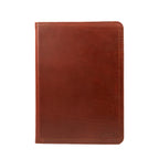 Old Design Medium Leather Portfolio in Chestnut, closed front view with stitched edges and logo