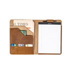 Leather Portfolio - Atlanta Braves in Tobacco, open with a legal pad, pen, newspaper and cards inside