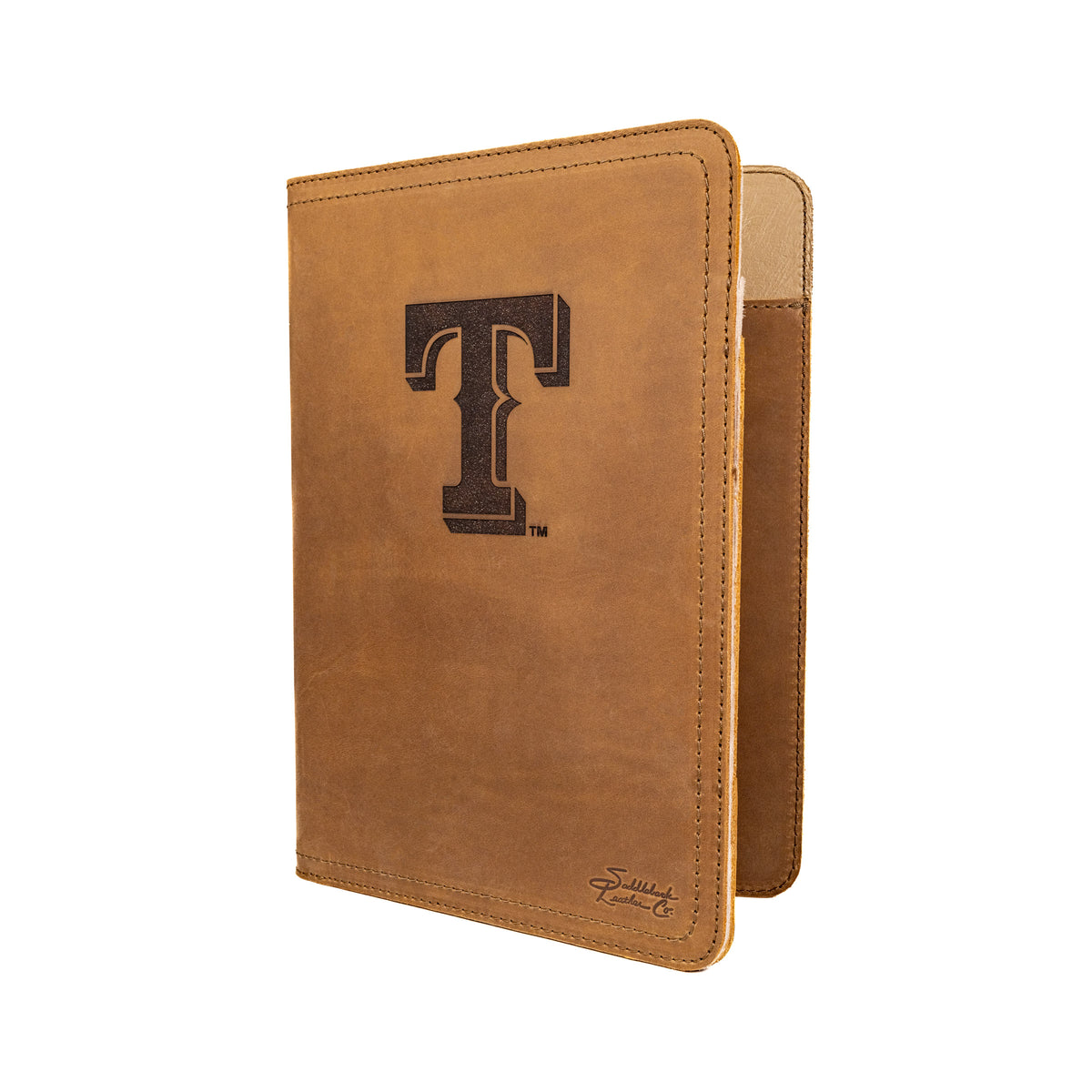 Leather Portfolio - Texas Rangers in Tobacco, angled view of the T logo cover with tan interior edge
