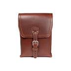 Leather Travel Satchel in Chestnut, front view with buckled strap closure on the flap