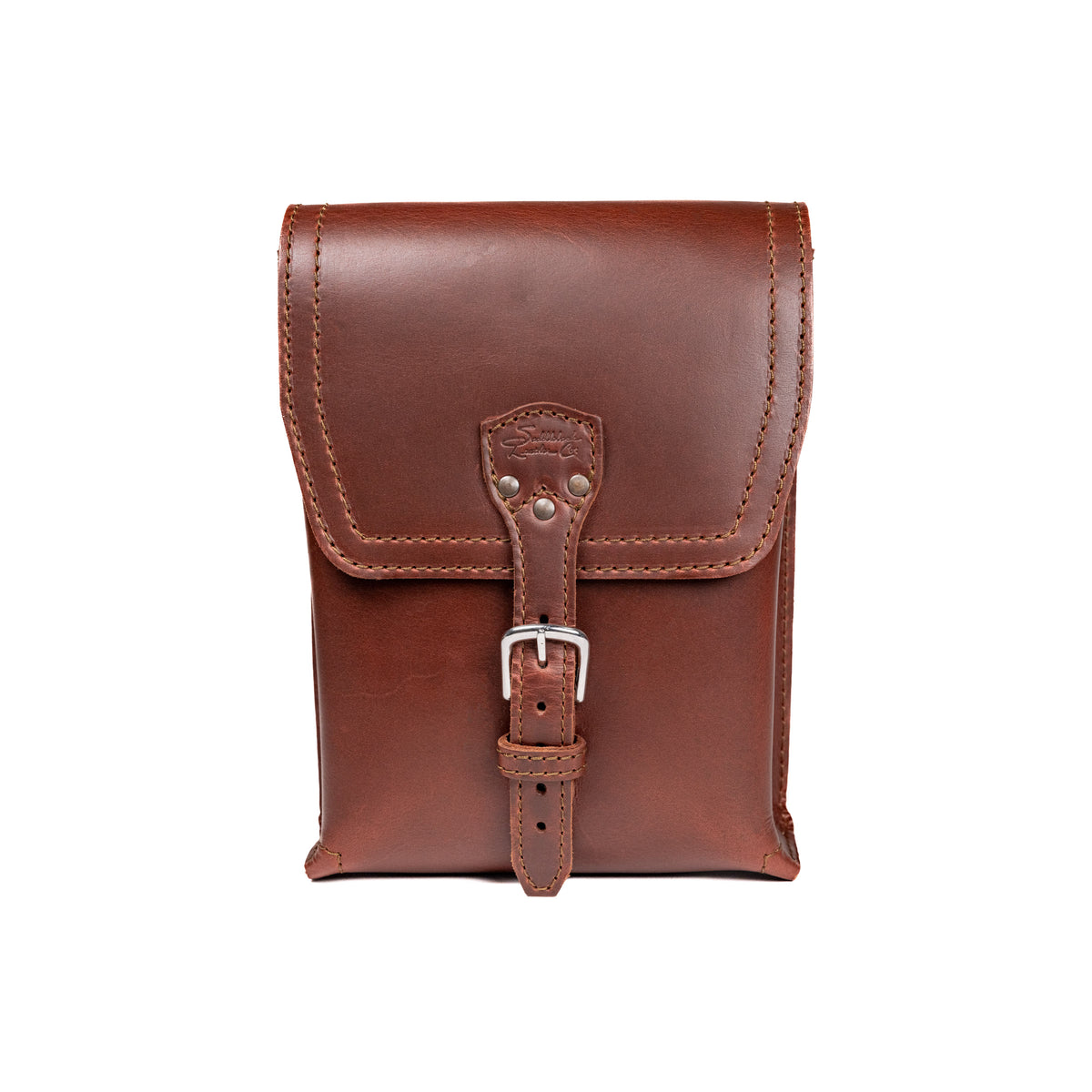 Leather Travel Satchel in Chestnut, front view with buckled strap closure on the flap