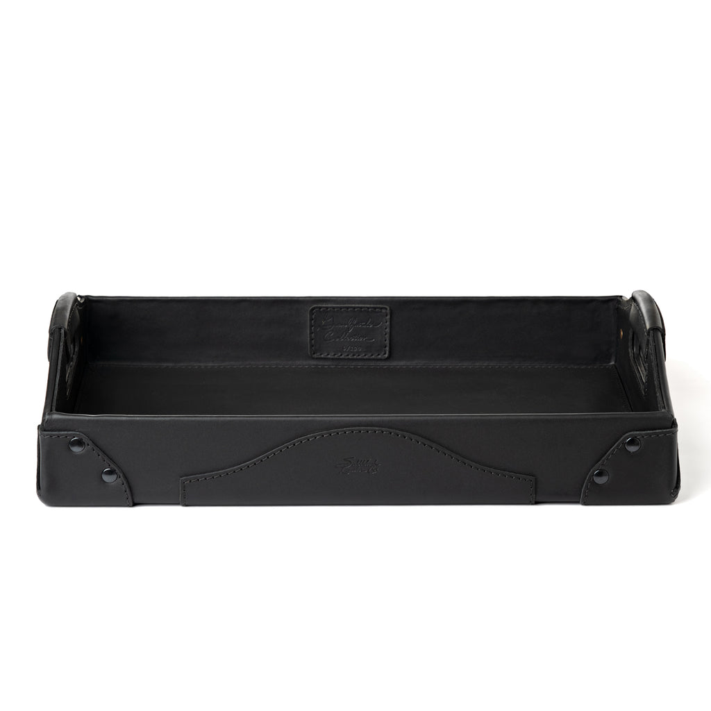 Grandfather Serving Tray in Black leather, front view showing collection patch inside, embossed logo and handles