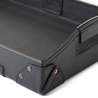 Grandfather Serving Tray in Black leather, close-up of riveted corner, stitching and handle