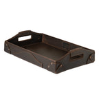 Grandfather Serving Tray in Dark Coffee Brown leather, angled view with cut-out carry handles and riveted corners