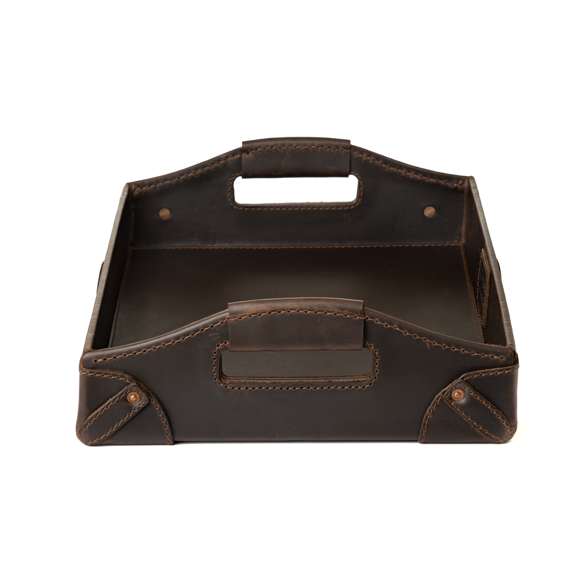Grandfather Serving Tray in Dark Coffee Brown leather, end view looking down the length between both handles