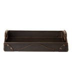 Grandfather Serving Tray in Dark Coffee Brown leather, front side view showing handles and riveted corners