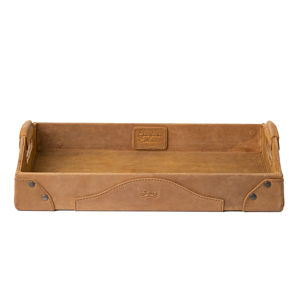Grandfather Serving Tray in Tobacco leather, front view showing collection patch inside, embossed logo and handles