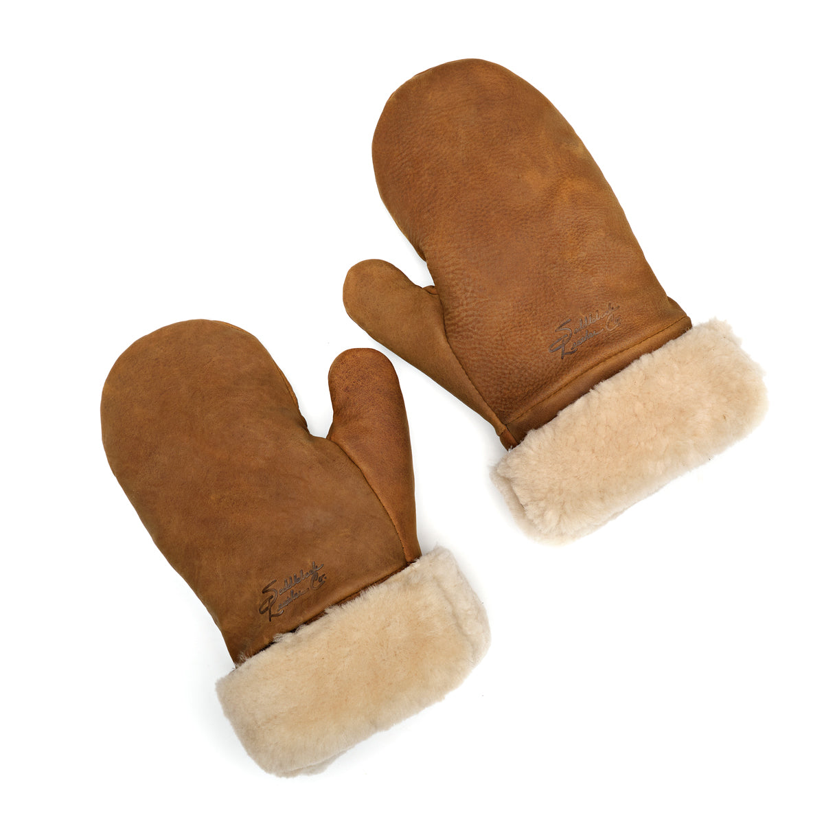Sheepskin Mittens in tan leather with cream shearling cuffs and embossed logo, pair laid flat, top view